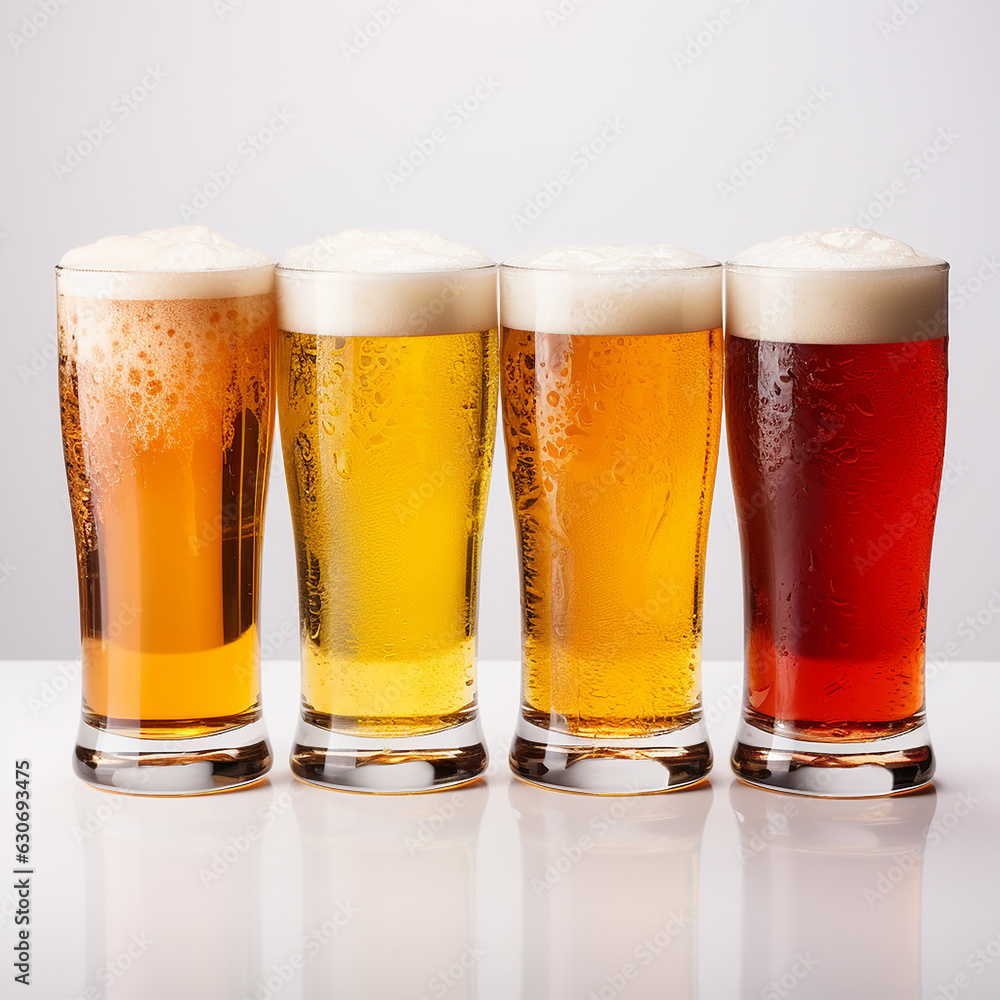glasses of beer different color on white background. Made with generative ai glasses of beer different color on white background. Made with generative ai
