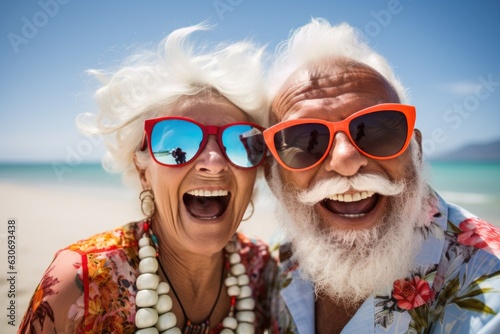Happy elderly couple with sunglasses having fun at the beach.