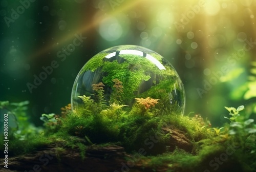 green globe in forest with defocused abstract moss and sunlight. generative ai