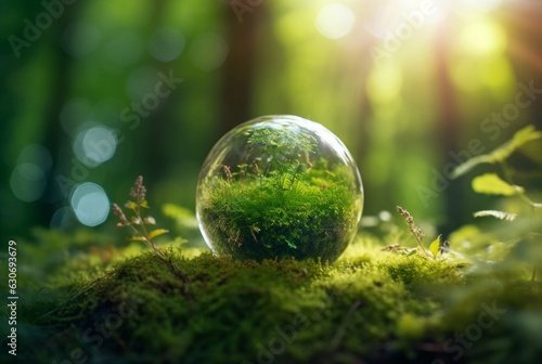 green globe in forest with defocused abstract moss and sunlight. generative ai photo