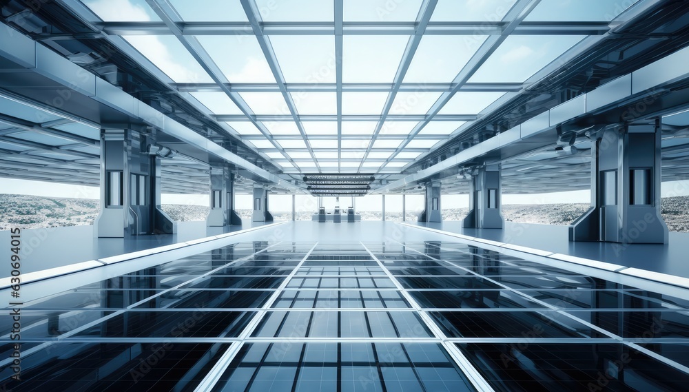 Wide Shot of Solar Panel Production Line with Robot Arms at Modern Bright Factory. Solar Panels are being Assembled on Conveyor. Created with Generative AI technology. Wide Shot of Solar Panel Production Line with Robot Arms at Modern Bright Factory. Solar Panels are being Assembled on Conveyor. Created with Generative AI technology.