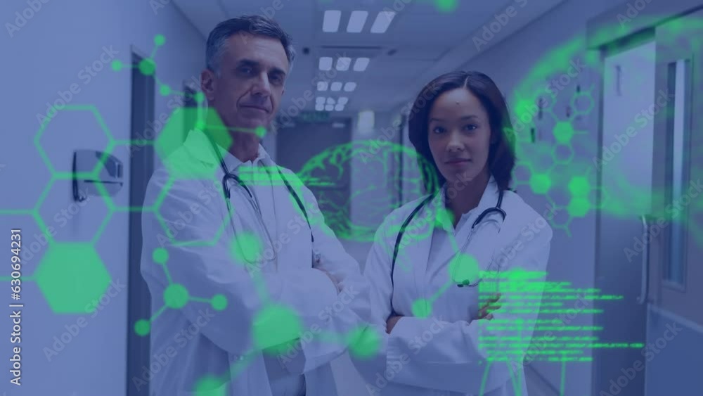 Animation of brains, molecule structures, computer language, diverse doctors standing arms crossed Animation of brains, molecule structures, computer language, diverse doctors standing arms crossed