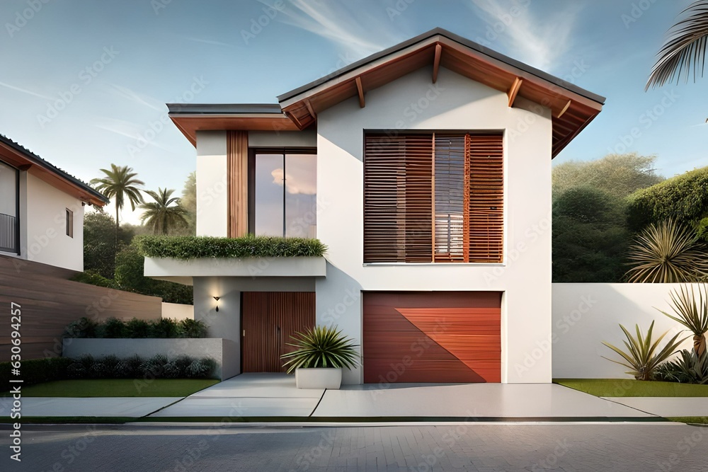 Facade of an elegant house with gray walls with white details, a red tiled roof, a front garden with abundant tropical plants, palm trees, short grass, sidewalk, driveway and garage.AI generated Facade of an elegant house with gray walls with white details, a red tiled roof, a front garden with abundant tropical plants, palm trees, short grass, sidewalk, driveway and garage.AI generated