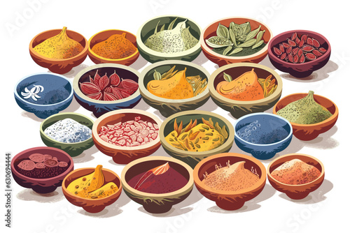 Colorful herbs and spices for cooking dishes. Indian and Asian spices On grey stone background closeup watercolor hand-painted vector art painting illustration