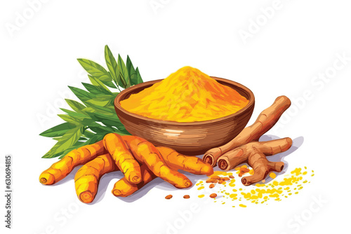 Turmeric, Curcuma dry powder in a bowl in cartoon style isolated on white background. Homeopathy ingredients, aromatic Asian cuisine, close-up watercolor hand-painted vector art painting illustration