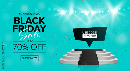 Black Friday sale banner with spotlights and stage. Sale poster