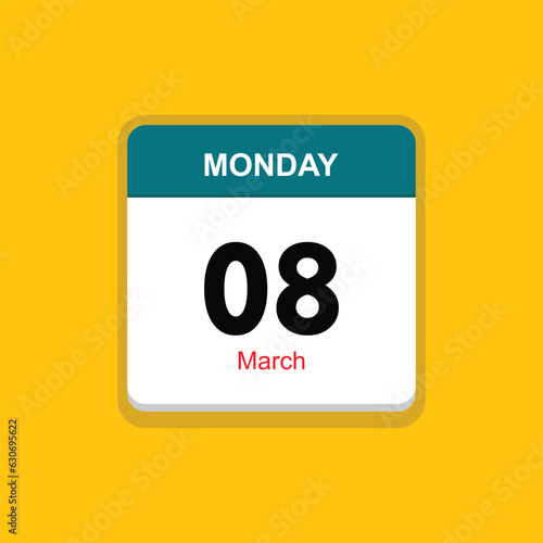 march 08 monday icon with yellow background, calender icon