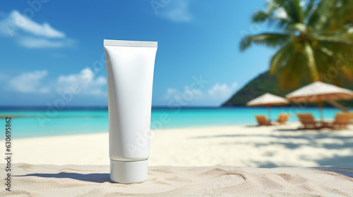 A tube of sunscreen on a sandy beach © cac_tus