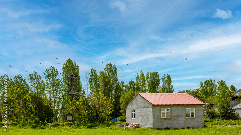 Green landscape and new house, blue sky. Sample image for village tourism Green landscape and new house, blue sky. Sample image for village tourism