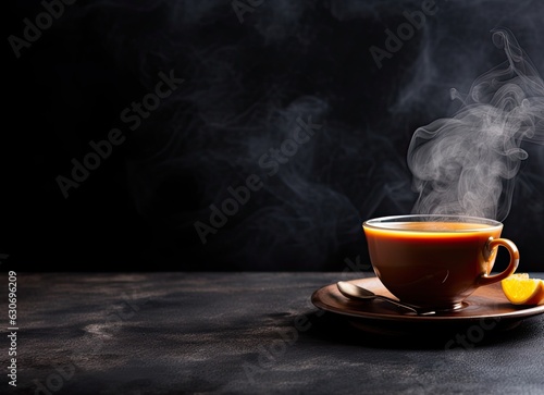 A Cup of freshly brewed black tea,escaping steam,warm soft light, darker background. Created with Generative AI technology.