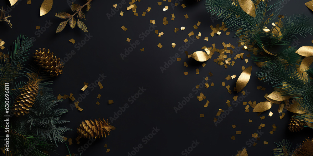 Christmas mockup with golden confetti, fir branches, cones, Xmas decoration on black. Advent calendar. New Years template.Top view. flat lay. Winter Holidays background with copy space.Generative ai Christmas mockup with golden confetti, fir branches, cones, Xmas decoration on black. Advent calendar. New Years template.Top view. flat lay. Winter Holidays background with copy space.Generative ai