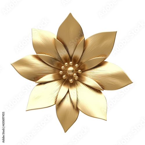 Golden metallic 3d flower isolated on white. Single luxury gold floral element. Generative AI.