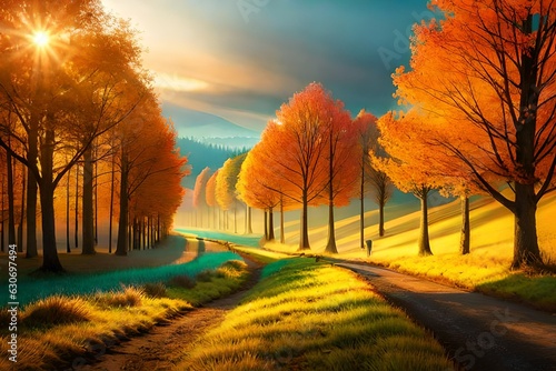 Spectacular autumn countryside with a road path through a dense forest and bright golden sunlight. AI generated © Ammad