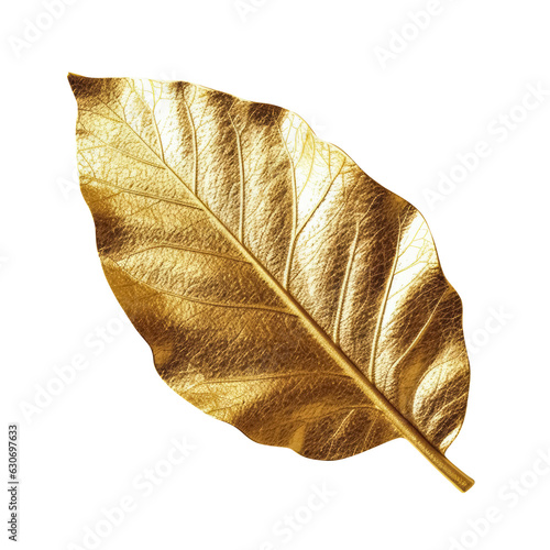 Golden metallic 3d leaf isolated on white. Single luxury gold floral element. Generative AI.
