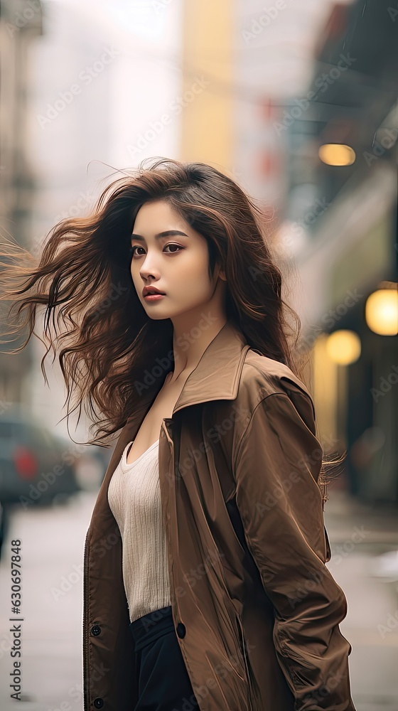 Graceful Asian Woman Strolling the City Streets with Light Brown Wavy Hair. Generative AI 2