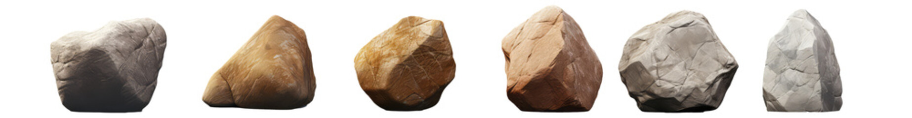 Set of different stones isolated on white transparent png background, cutout, clipart.. A collection of stone rocks. 3d render illustration style.