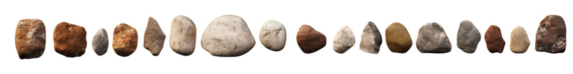 Set of different stones isolated on white transparent png background, cutout, clipart.. A collection of stone rocks. 3d render illustration style.