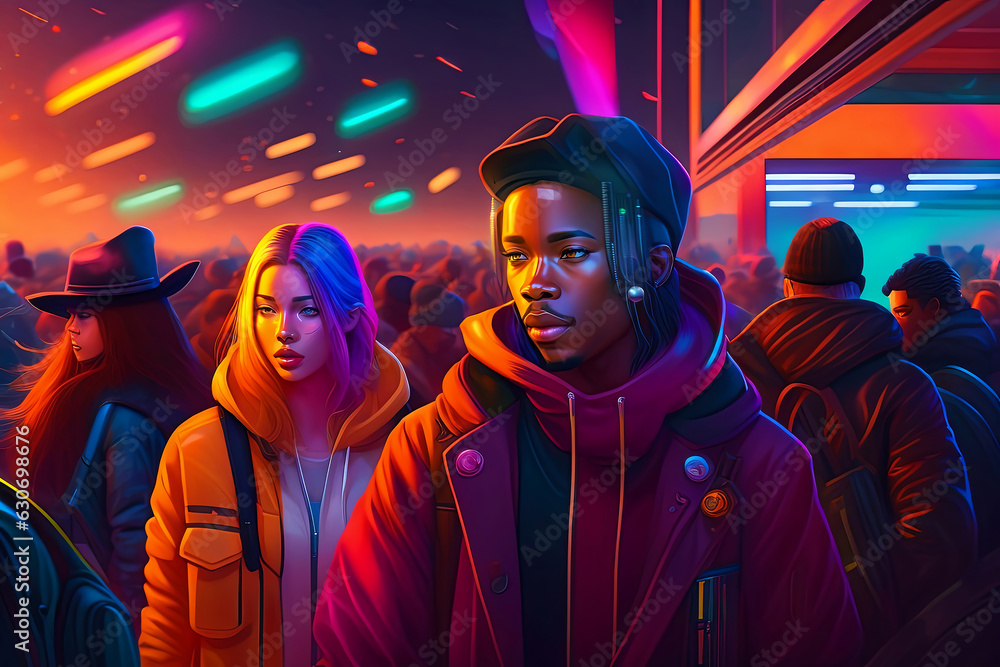 Golden Cybercrowd in Neon Chaos Golden Cybercrowd in Neon Chaos