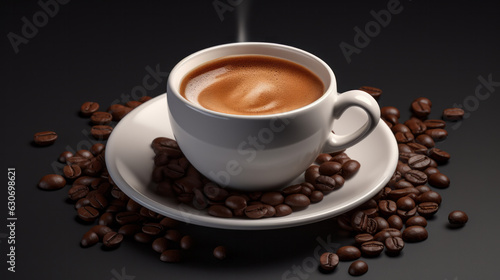 A cup of coffee surrounded by coffee beans