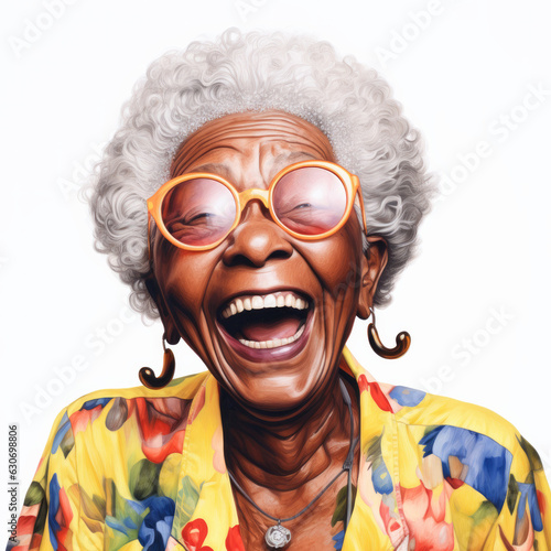 Portrait of a happy senior woman laughing at white backgroud. Generative AI. 
