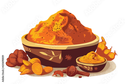 Turmeric, Curcuma dry powder in a bowl in cartoon style isolated on white background. Homeopathy ingredients, aromatic Asian cuisine, close-up watercolor hand-painted vector art painting illustration