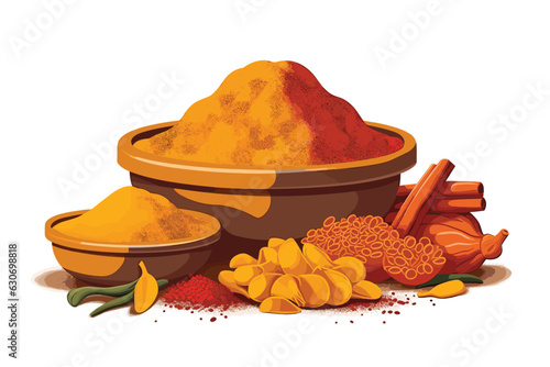 Turmeric, Curcuma dry powder in a bowl in cartoon style isolated on white background. Homeopathy ingredients, aromatic Asian cuisine, close-up watercolor hand-painted vector art painting illustration