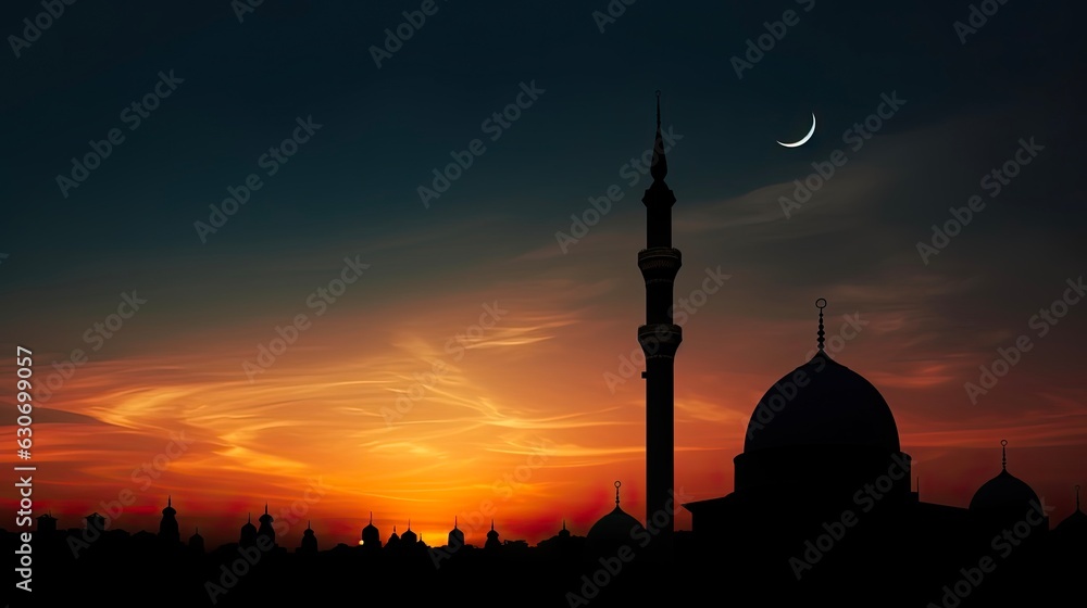 Dark Silhouette of a Mosque with a Beautiful Crescent on the Spire at Sunset, against a Stunning Background: Generative AI