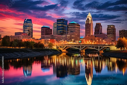 Columbus, Ohio Skyline at Sunset: Panoramic View of Downtown Columbus Cityscape with Twilight Sky and Water Reflection (aspect ratio 3:2): Generative AI