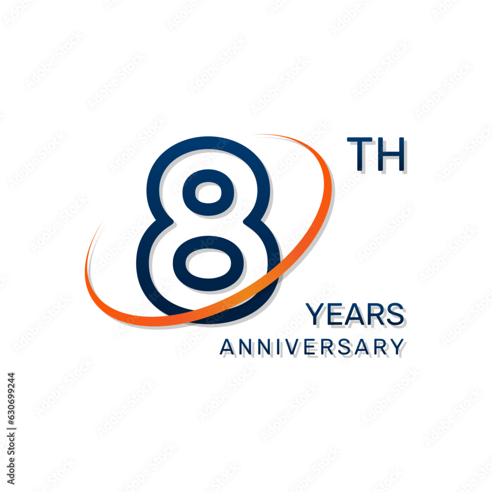 8th anniversary logo in a simple and modern style in blue and orange colors. logo vector illustration