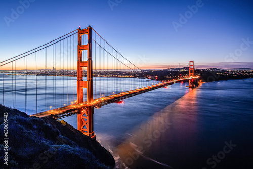 Panoramic view of Golden Gate Bridge at dawn in San Francisco  California  USA