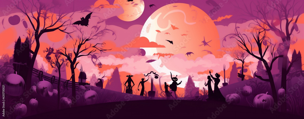 banner evil witch autumn holiday black background night horror party halloween. Generative AI.