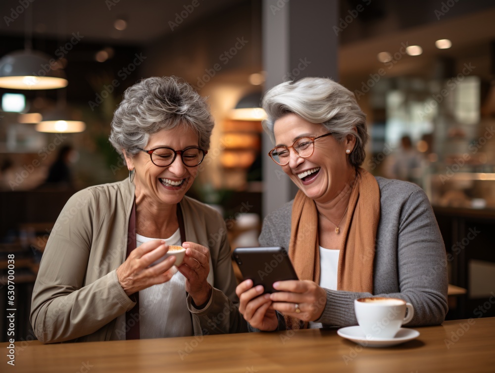 Senior Females Connected Via Mobile Phones at Coffee