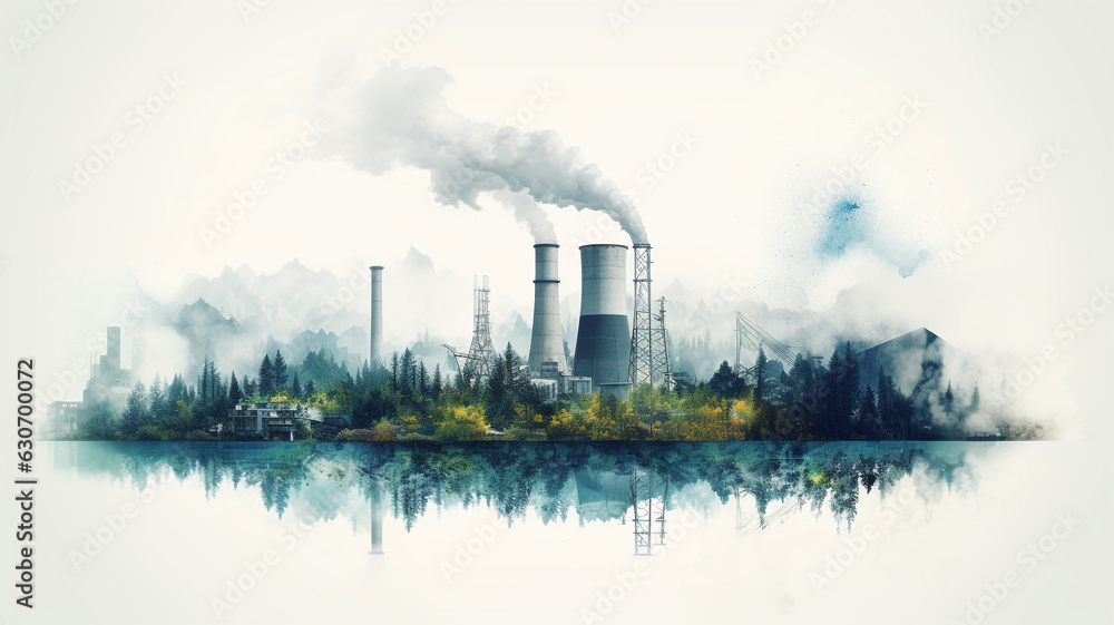  A coal-fired power station watercolor style. - global warming concept. - obrazy, fototapety, plakaty 