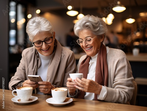 Older Ladies Engaged with Mobile Tech Over Coffee