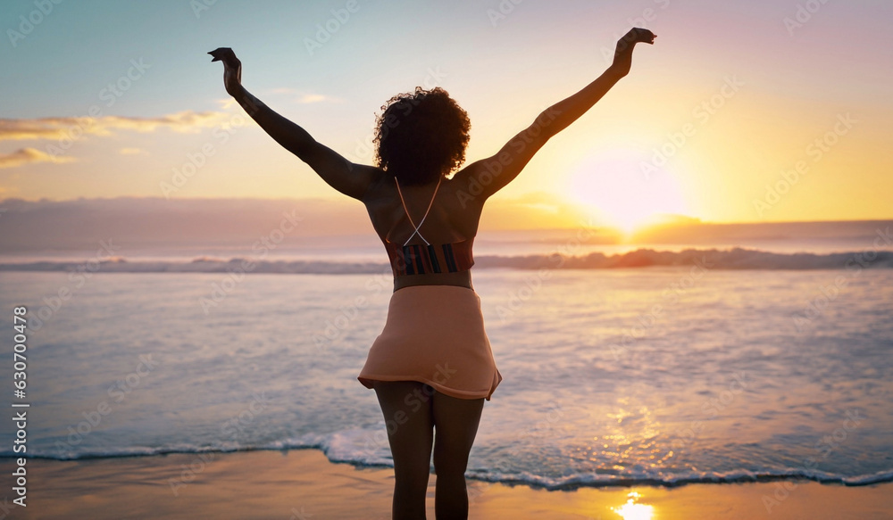 Sunset Bliss: Woman Embracing the Beach with Arms Raised - High-Resolution Stock Photo 