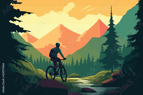 silhouette of a person in the mountains watercolor hand-painted vector art painting illustration Man cyclist riding on bike in ighlands vector illustration