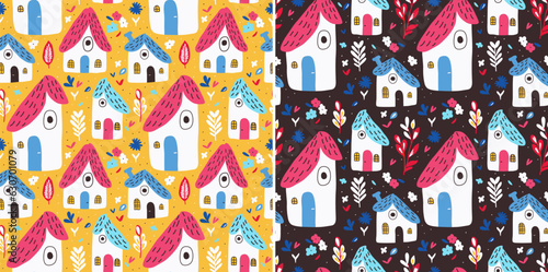 Set of Seamless Fairy Forest Cottage patterns with flowers and leaves on yellow and brown background. Beautiful children's seamless pattern for printing on fabric, wallpaper or packaging..