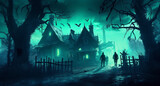 moon holiday cemetery halloween dark horror pumpkin night bat grave. Generative AI.
