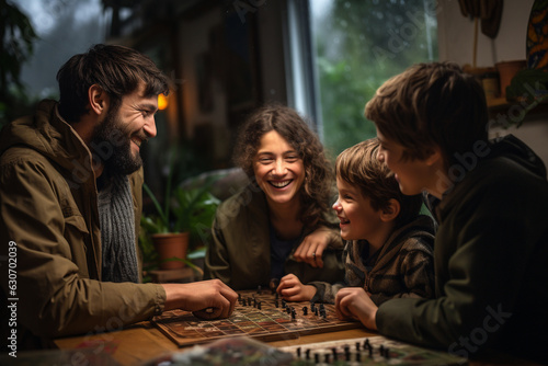photo of family gathered around a table, playing board games and having fun on a rainy day Generative AI