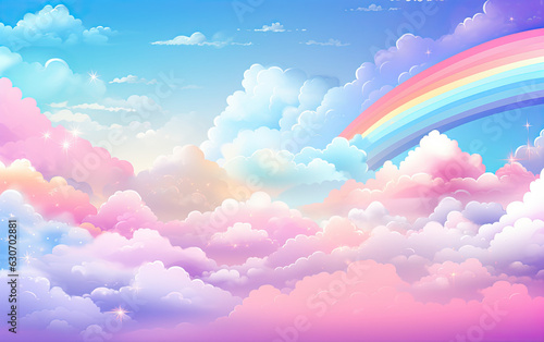Rainbow pastel clouds in the sky, stars and sparkles - Stock Image ...