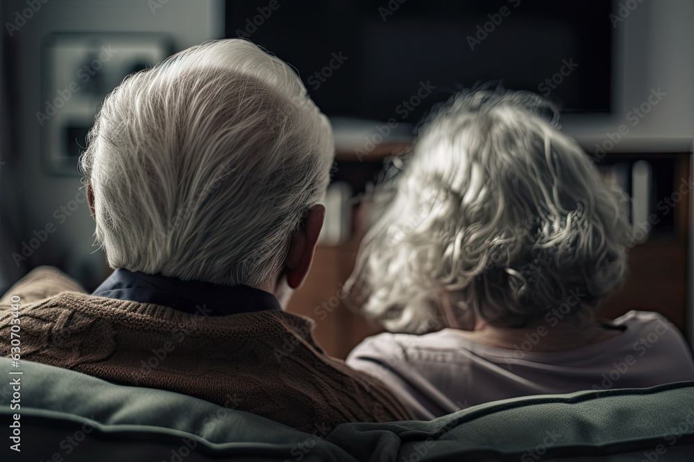 Active senior couple sitting comfortably on the couch and watch a movie, back view Active senior couple sitting comfortably on the couch and watch a movie, back view