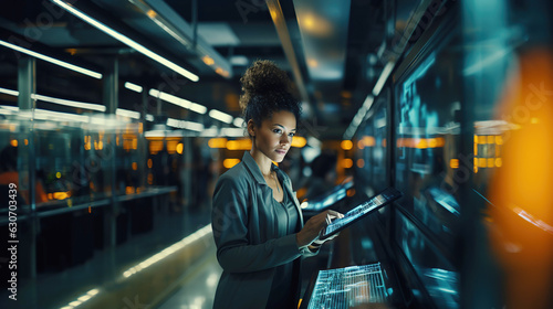 Black female, Chief Technology Officer, using a tablet standing in Big Data Center