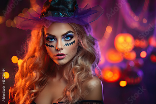 Portrait of a beautiful girl, fairy lights on the background, halloween costume and make up