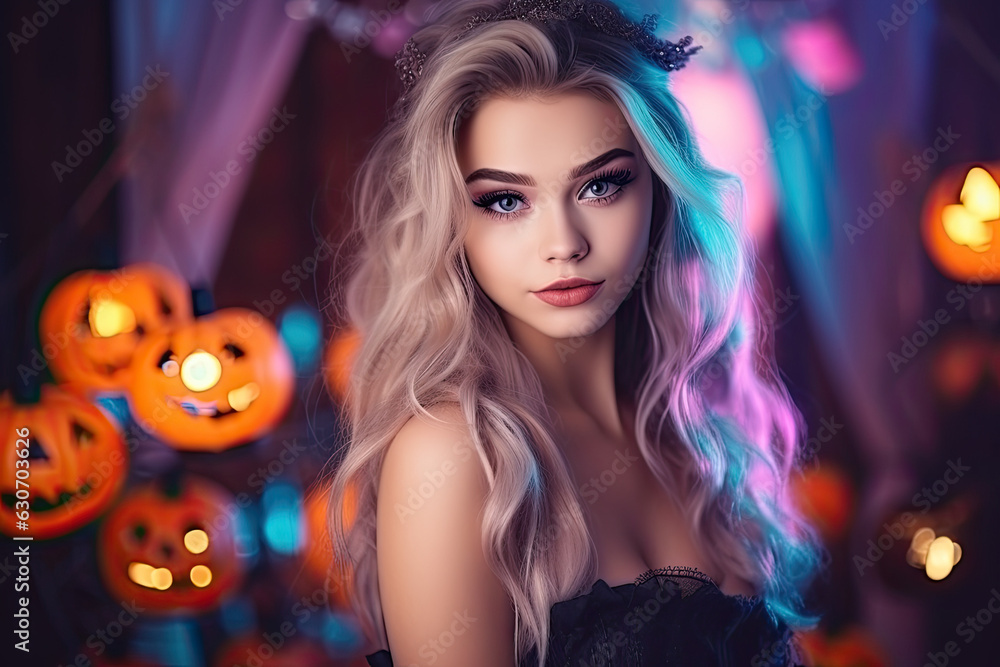 Portrait of a beautiful girl, fairy lights on the background, halloween portrait Portrait of a beautiful girl, fairy lights on the background, halloween portrait