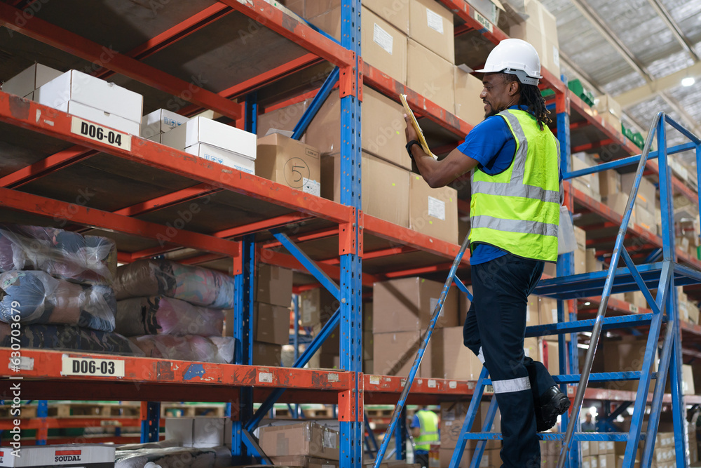 Warehouse worker standing on ladder checking inventory on shelf. Blue collar worker in safety uniform standing on stairs working with cardboard box on storage rack in storehouse. Distribution industry