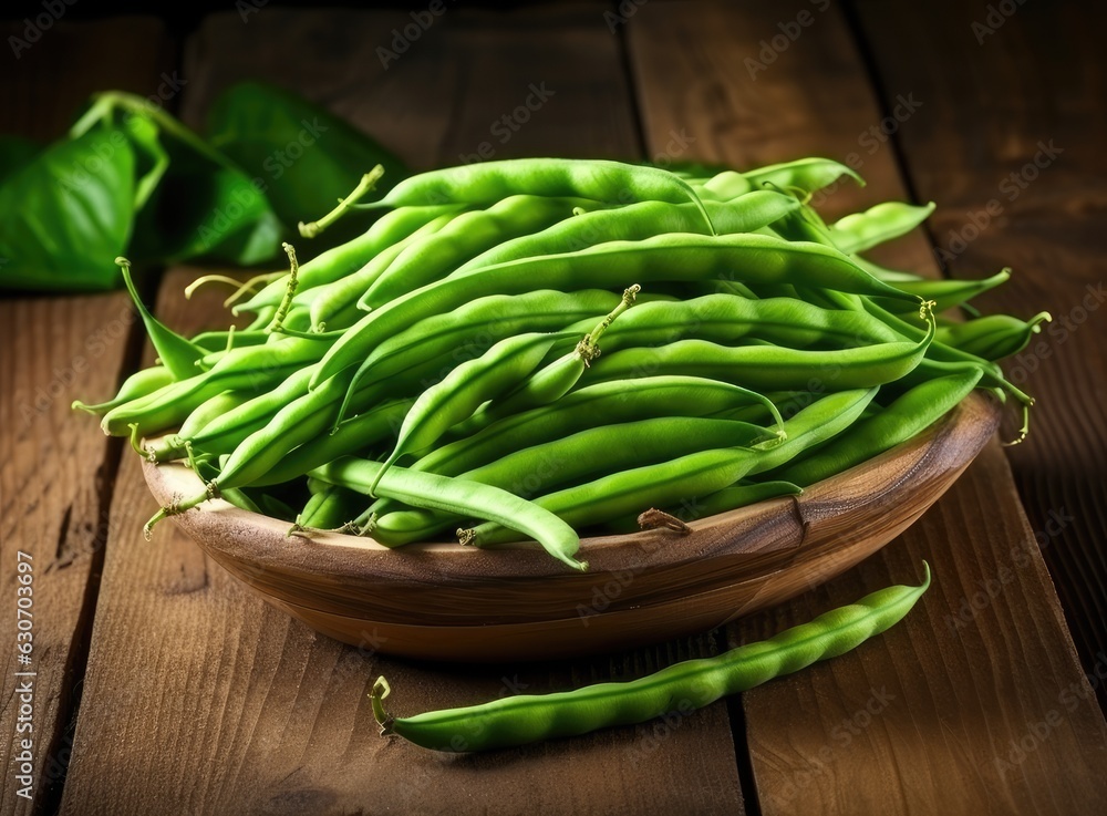 Fresh and raw french beans or bush beans on wooden table, Phaseolus vulgaris, copyspace. Created with Generative AI technology. Fresh and raw french beans or bush beans on wooden table, Phaseolus vulgaris, copyspace. Created with Generative AI technology.