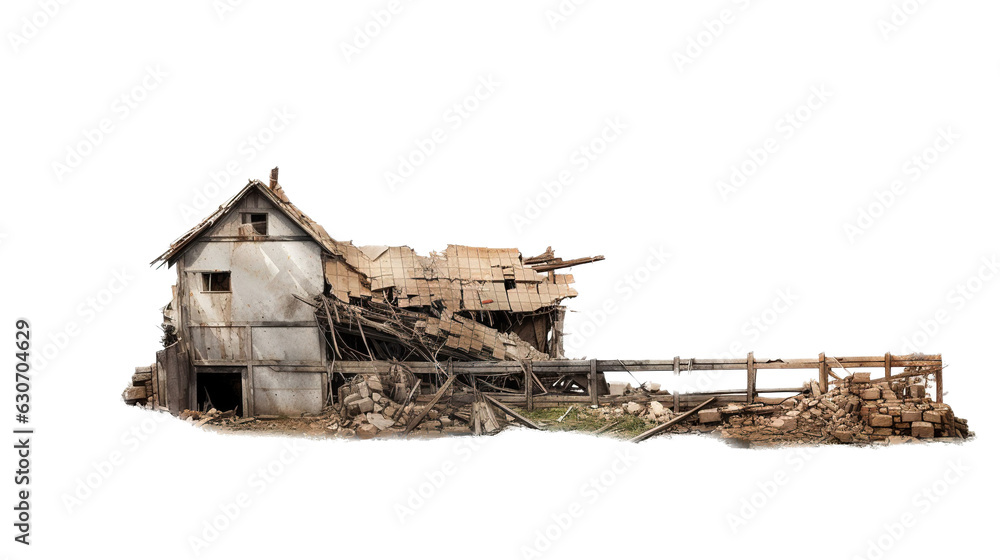 Destroyed farm house building isolated on a transparent background. Ai generative art. Destroyed farm house building isolated on a transparent background. Ai generative art.