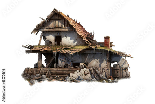 Destroyed farm house building isolated on a transparent background. Ai generative art.