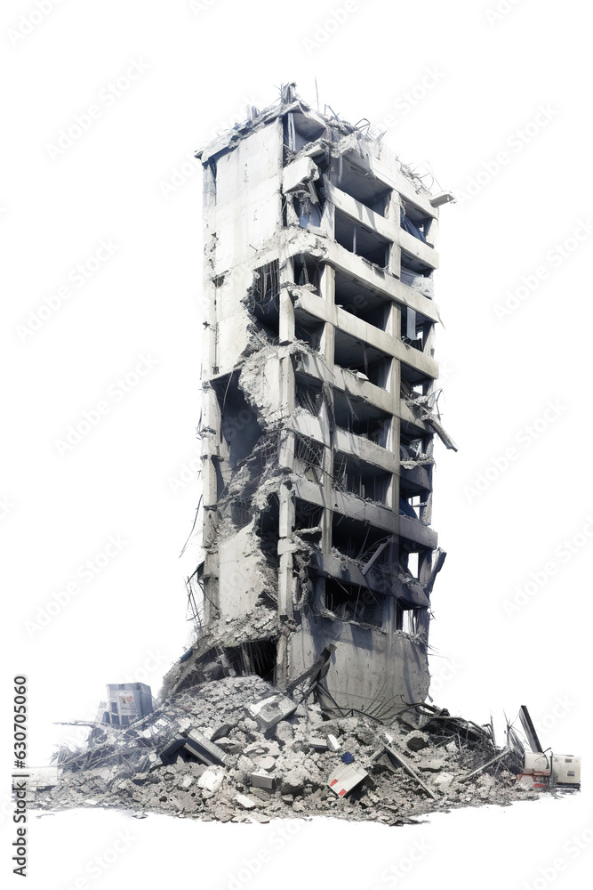 Destroyed concrete skyscraper building isolated on a transparent background. Ai generative art.