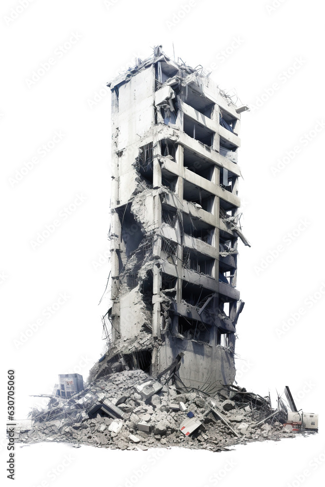 Destroyed concrete skyscraper building isolated on a transparent background. Ai generative art.